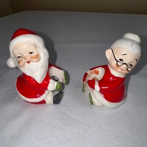 Vintage Santa and Mrs Claus Ceramic Candle Hugger Set of 2 Made in Japan Xmas